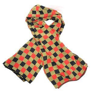 Vintage Rolled Edge Scarf - Black/Olive/Red Check Print, 45"x45"